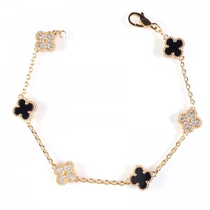 Natural Black Onyx & Zircon Diamond Clover Bracelet