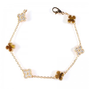 Natural Tiger Eye & Zircon Diamond Clover Bracelet