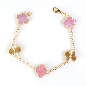 Natural Pink Mother Of Pearl&Classic Gold 15mm Big Clover Bracelet